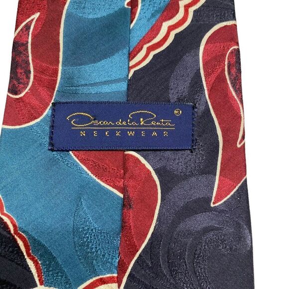 Vintage Oscar de la Renta Men's Necktie Tie Blue Maroon Paisley Silk Designer - Picture 4 of 7